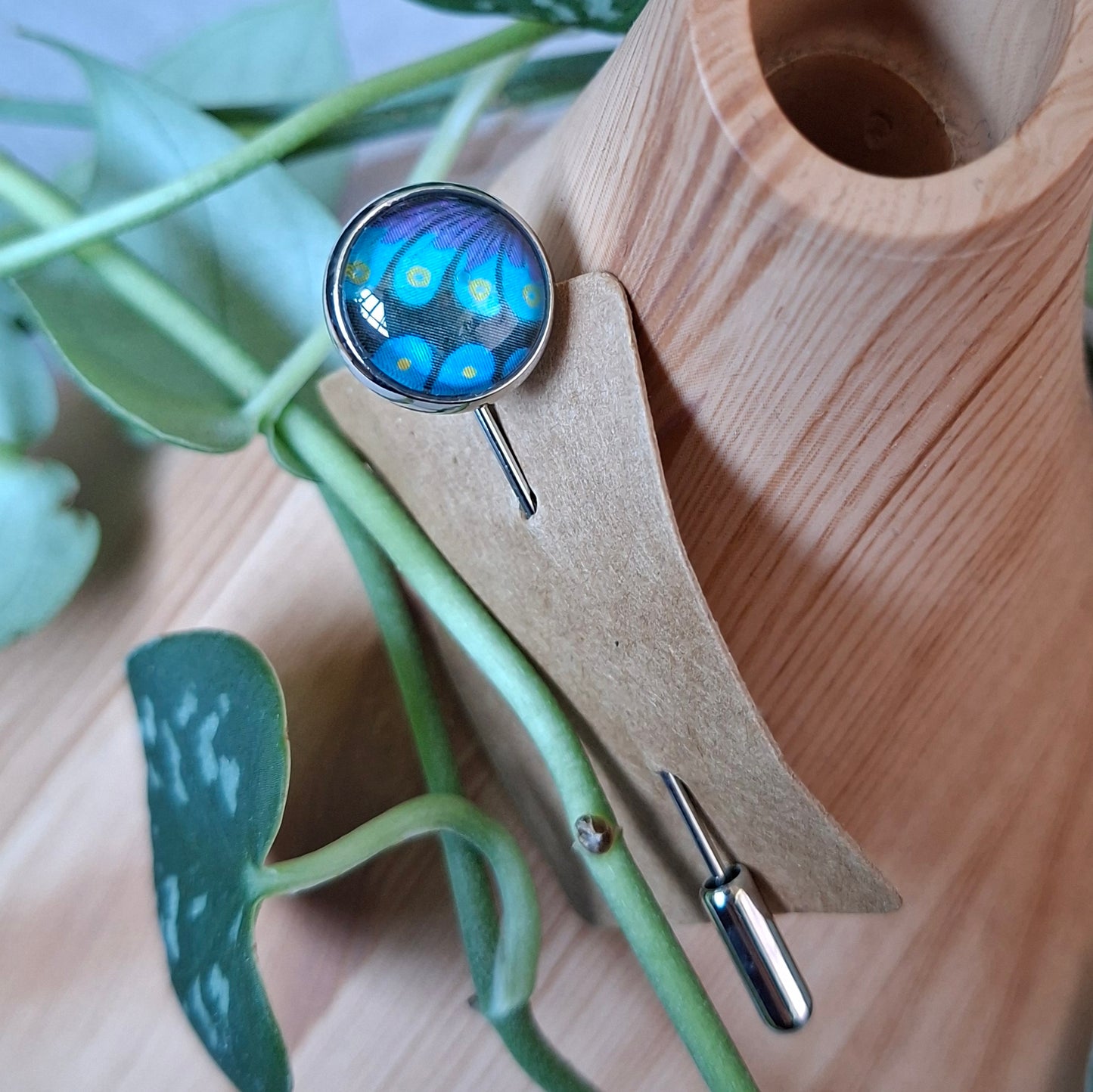 Blue, purple and gold stick pin brooch